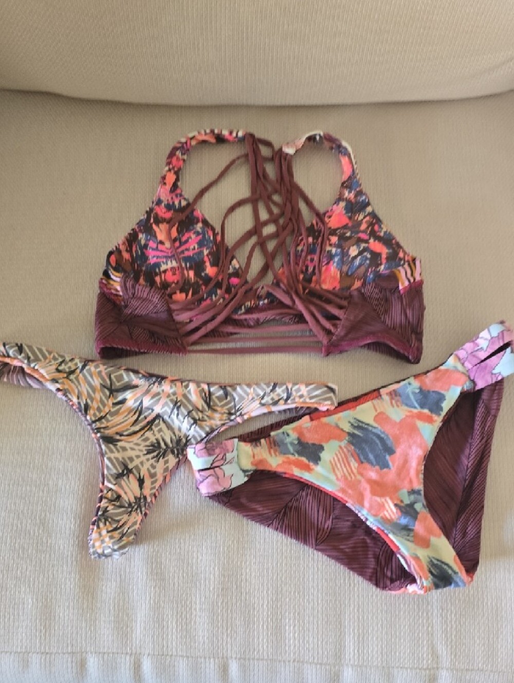 Maaji Floral Lace-Up Bikini Set in Burgundy, Coral & Mint - Picture 4 of 8